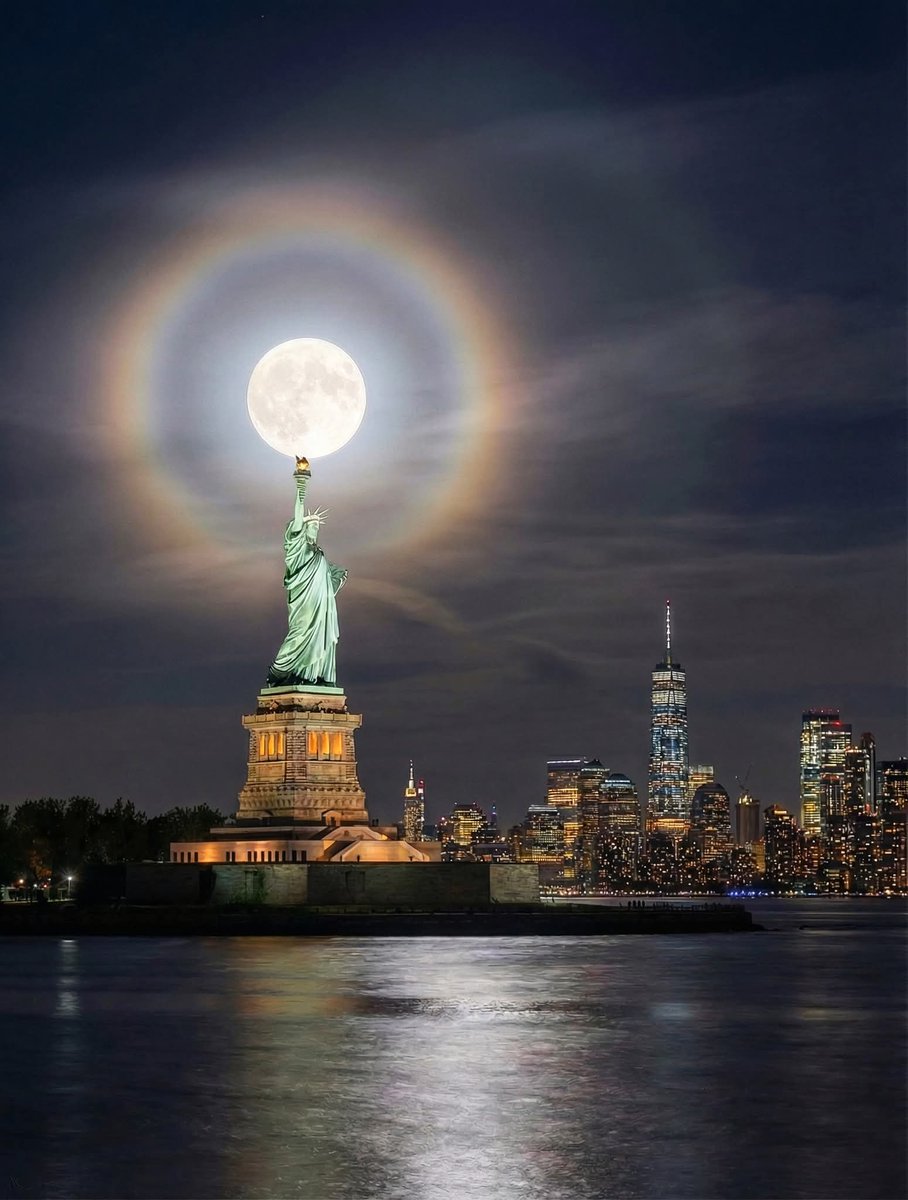When the full Moon rises above Lady Liberty’s torch it is already a beautiful sight 🌕🗽, but a lunar halo turns it into something magical. Last night a pale ring shimmered over New York Harbor, wrapping the Statue of Liberty in a soft circle of light ✨.

This gentle halo