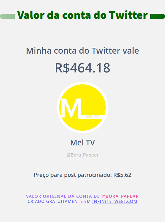 Bora_Papear's tweet photo. Meu valor no Twitter é: R$464.18

➡️ https://t.co/3EeQqiDPeE https://t.co/dGnYuf5tXO