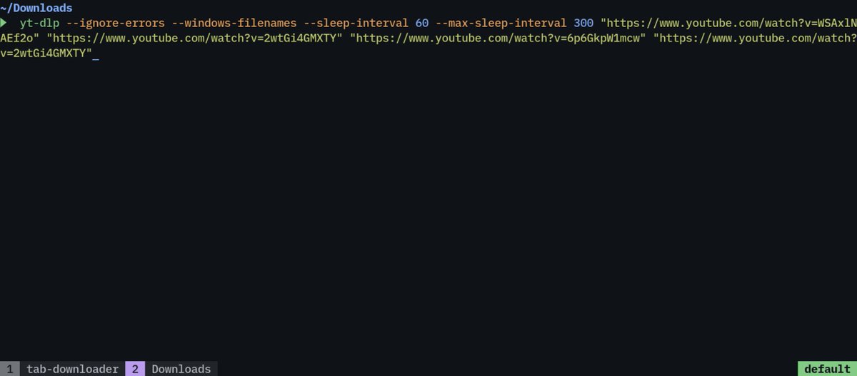 I made a browser extension that collects your open browser tabs, filters them for youtube videos and then compiles them into a yt-dlp command to paste into your terminal.

Rly reluctant to release it because this screams getting sued into oblivion here in Germany...
