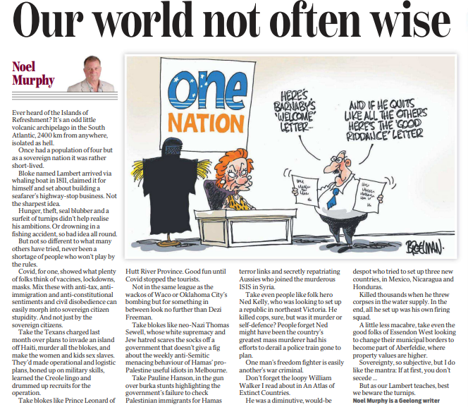 nmurphyglg's tweet photo. Tristan de Cunha is about as far away from anywhere as you'll find. And just the kind of place to pursue any sovereign citizen notions you might be harbouring. But don't bet on it ending happily ...
Latest Geelong Advertiser column:
https://t.co/zdxEVtZ8fr https://t.co/6cTcFwYy4h
