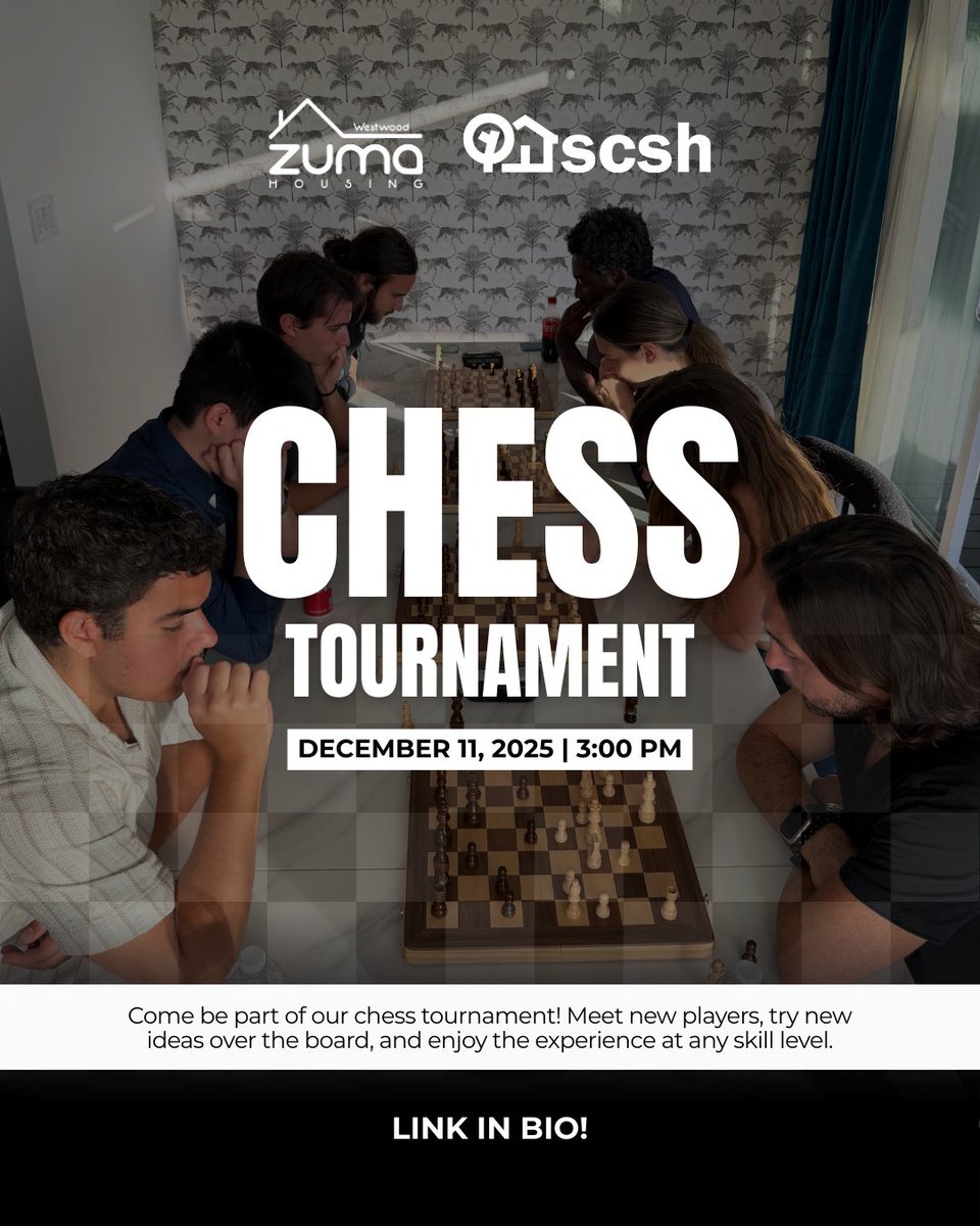 Checkmate season continues 👑
Join us for Chess Tournament 2 this Thursday, 3 PM at Zuma Hub. 

SCSH tenants are invited! Sign up via the link in our bio.