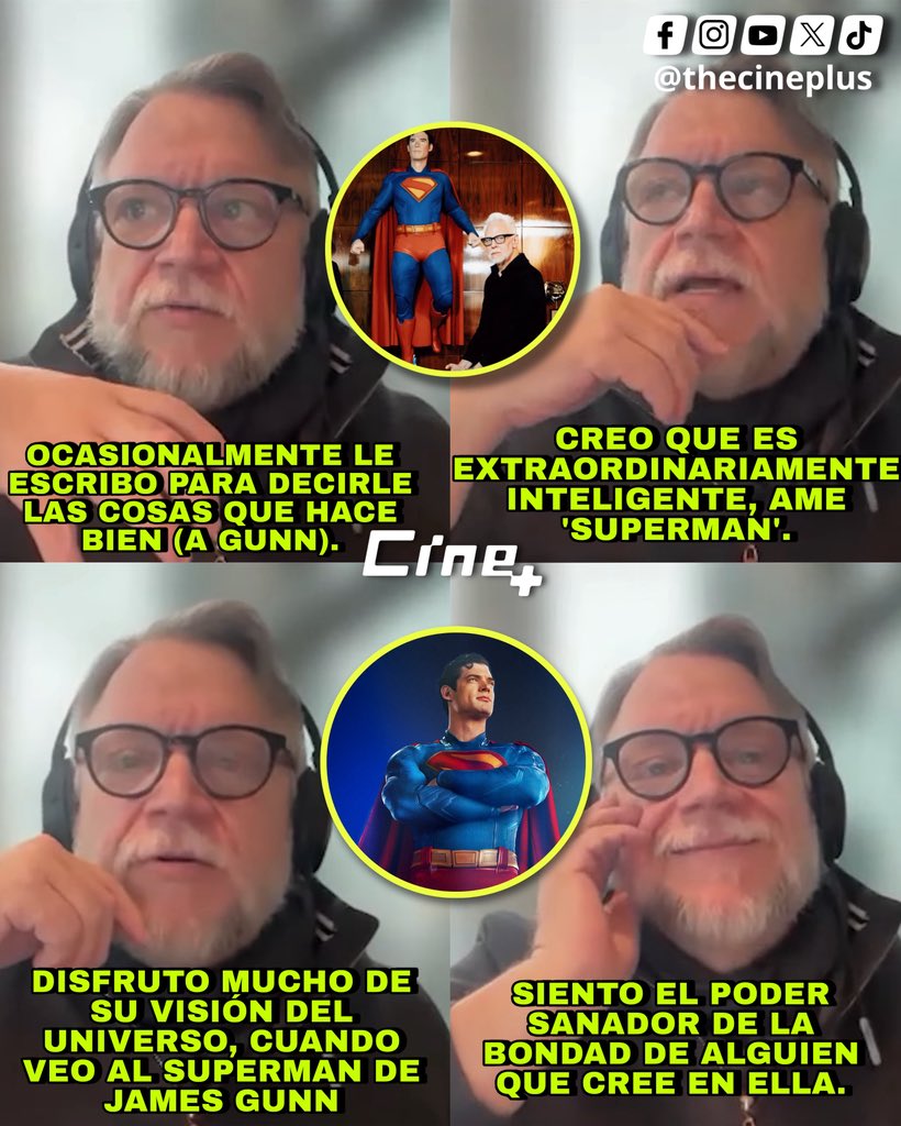 TheCinePlus's tweet photo. Guillermo Del Toro elogiando a 'Superman' (2025) y a James Gunn. https://t.co/RxwZyhF2AM
