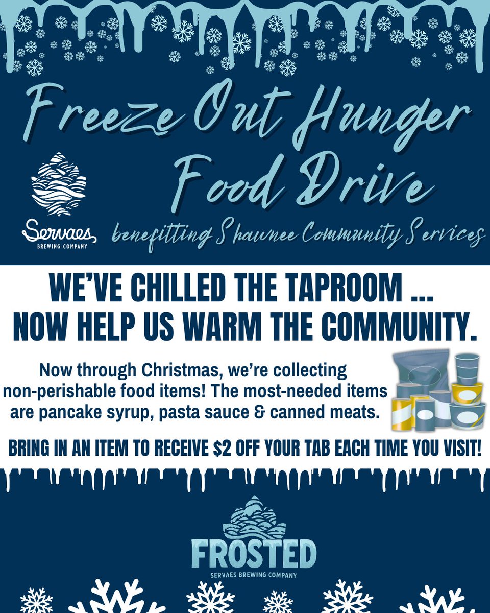 We’ve chilled the taproom … now help us warm the community. ❄️✨ Through Christmas, we’re collecting non-perishable food items for Shawnee Community Services! Most-needed items are pancake syrup, pasta sauce &amp; canned meats. 🥞🍝🥫 Bring in an item to receive $2 off your tab!