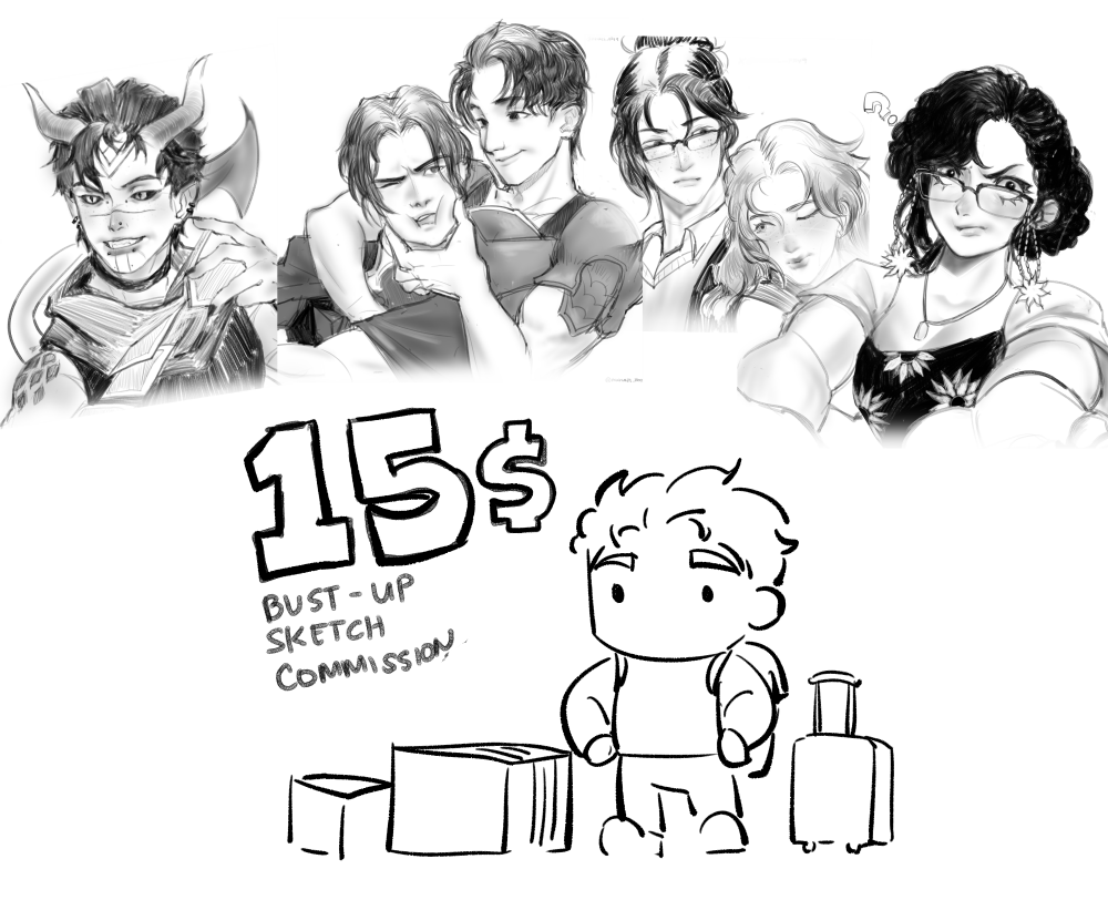 Hi! everyone!!, I'm opening up 2 batches of sketch commissions this month! 1 for this week and 1 before Christmas!  Planning to work on these and my fully rendered commissioned works simultaneously :))

I have 5 slots open! Feel free to dm me here or on kofi! link in bio^^