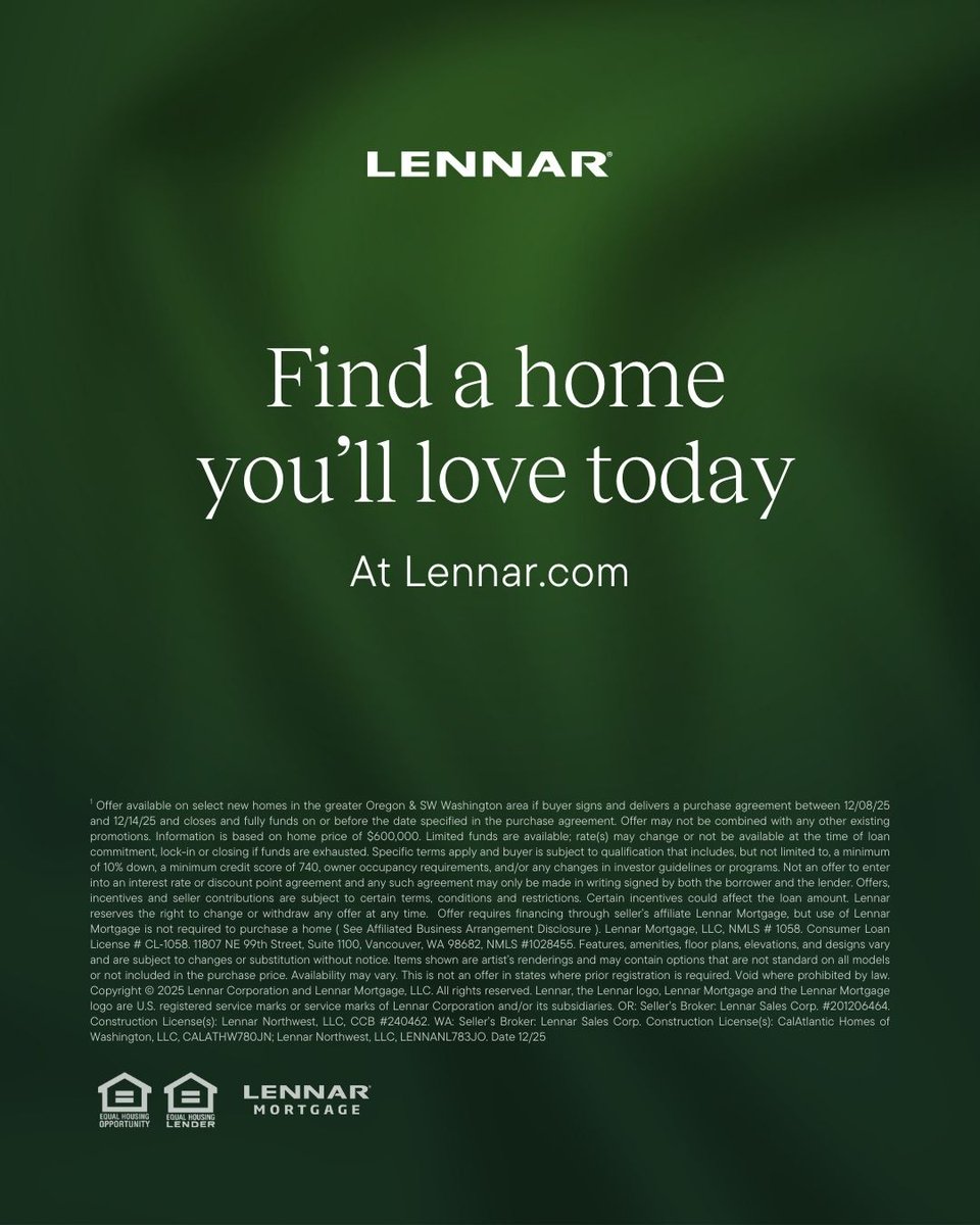 LennarPortland's tweet photo. ✨ Year-End Savings Are Here! ✨
Make your move with limited-time offers on select Lennar homes. Enjoy incredible value, modern designs, and Everything’s Included® features.

🏡 Find your new home before the year ends!
🔗 https://t.co/qVzVXfdxYr https://t.co/has6OwugkM