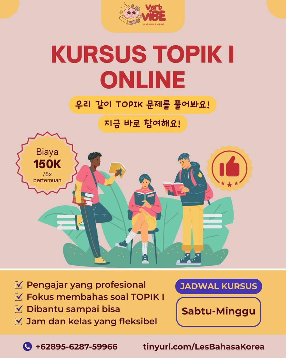[PP] 

Mau nonton drama Korea tanpa subtitle? Atau punya mimpi kuliah &amp; kerja di Korea?

Kelas Bahasa Korea Dasar &amp; TOPIK 1 hadir buat pemula: mulai dari belajar kosakata sehari-hari, sampai persiapan ujian TOPIK 1.

Yuk daftar sekarang juga!