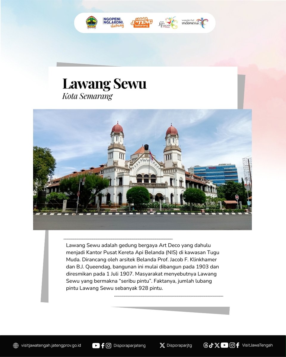 Tahukah #SobatWisata?

Masyarakat Jawa Tengah memiliki kebiasaan menyebut sesuatu dalam jumlah banyak dengan istilah "Sewu" atau Seribu.

Nah, beberapa daya tarik wisata di Jawa Tengah menggunakan nama tersebut, lho.

Penasaran?
Yuk, cari tahu selengkapnya!

(1)