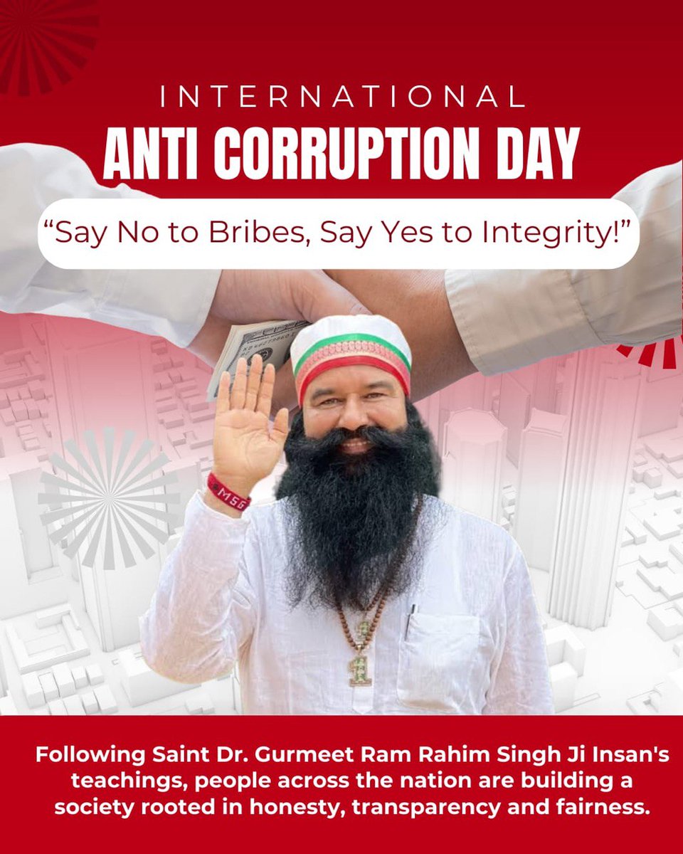 sunita675's tweet photo. Corruption hinders development and weakens the nation's roots. It is a sign of weak self-confidence and a willingness to surrender for a few bucks. That is why Saint Dr. Gurmeet Ram Rahim Singh Ji urges people to stay away from this bad habit.
#InternationalAntiCorruptionDay https://t.co/4eLw8ikYHT
