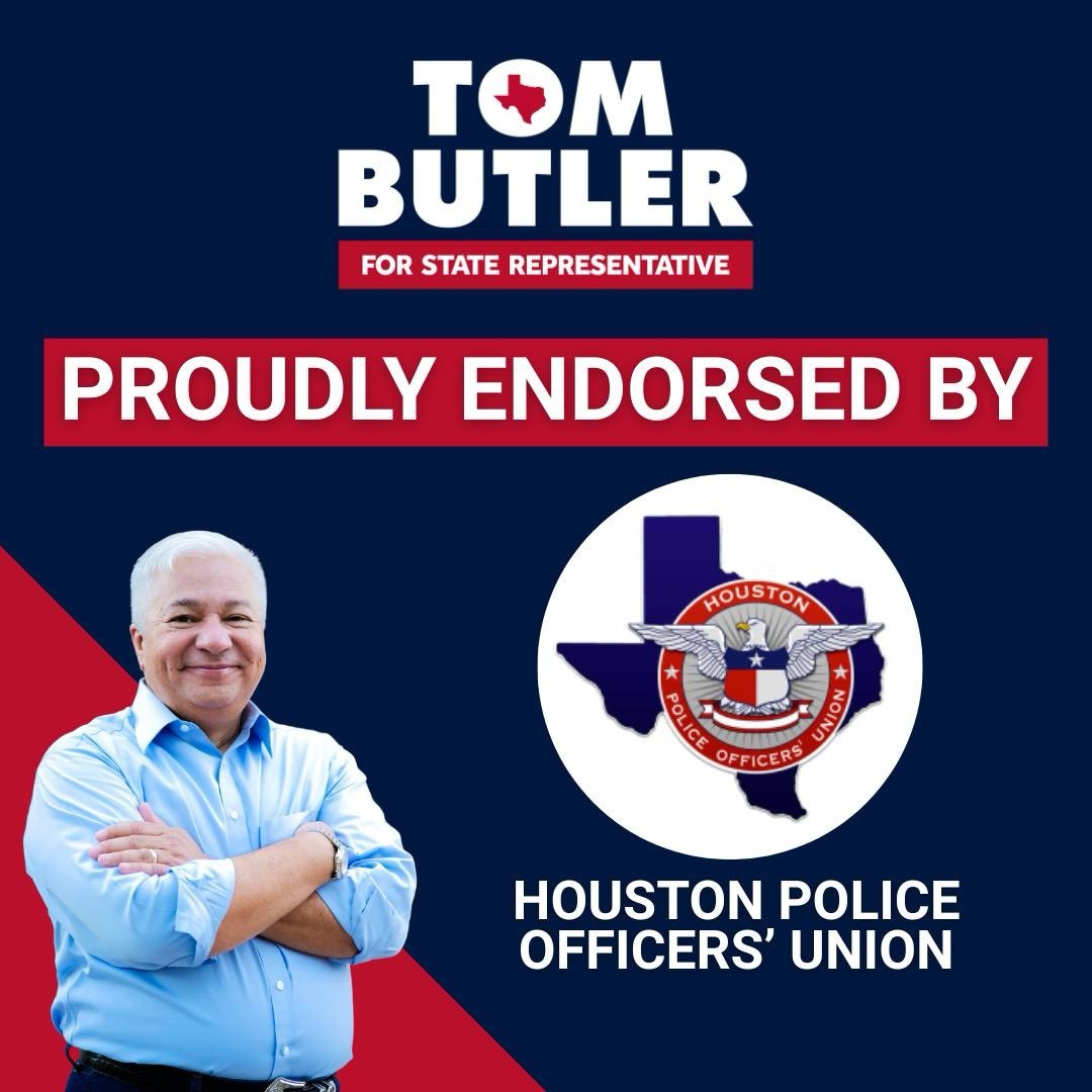 TomButlerTX's tweet image. Honored to earn the endorsement of the @HPOUTX - Houston Police Officers’ Union! I’ll always stand with the men and women who protect our communities. #BacktheBlue #txlege