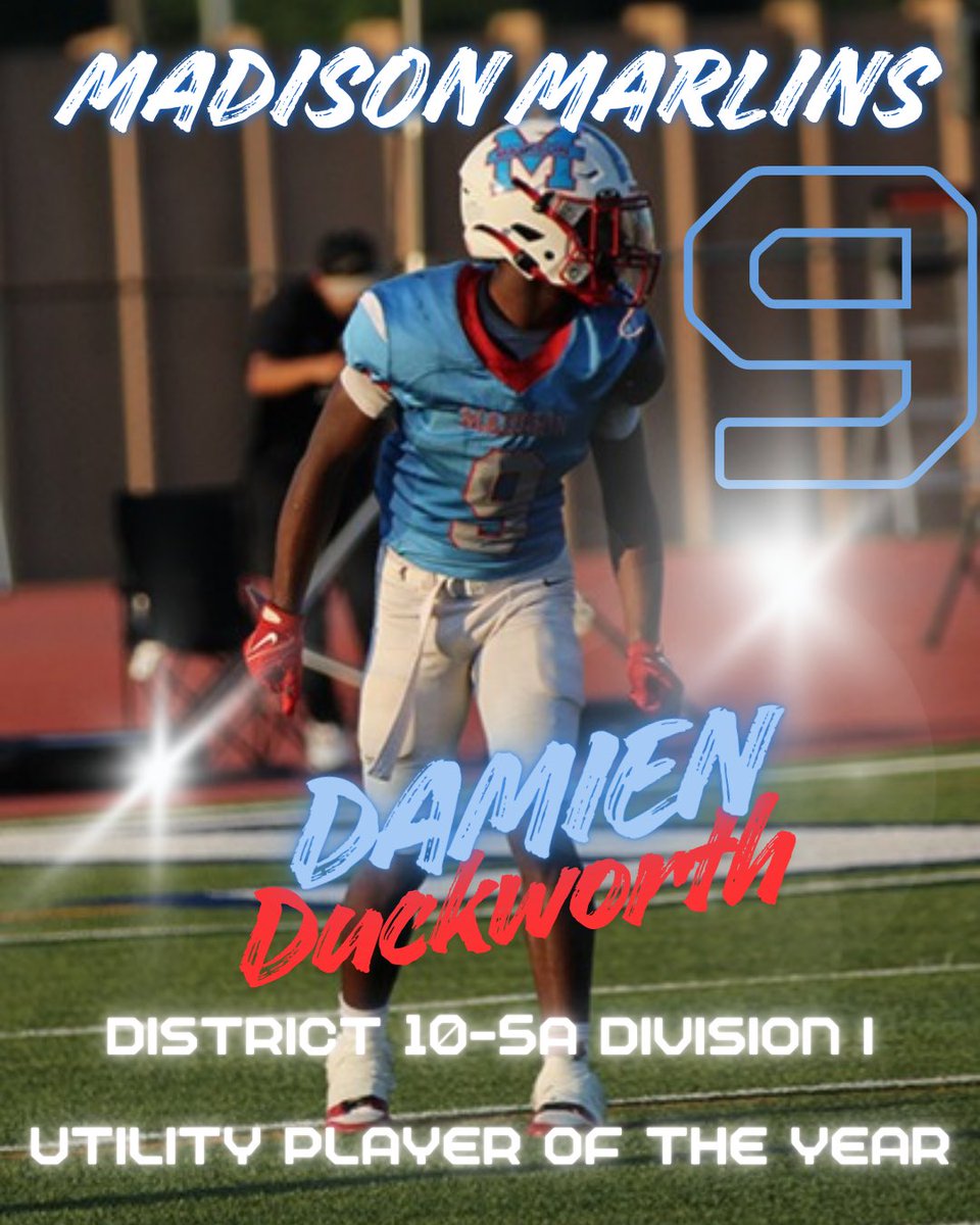 _MadisonFB's tweet image. Congratulations to Senior WR/DB Damien Duckworth for earning District 10-5A Division I Utility Player of the Year Award!