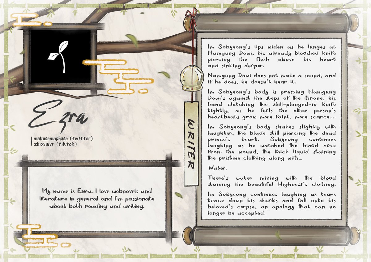 A very underrated writer in this (and many other) fandom! 

I’m pleased to introduce our other angst lover, <a href="/akusemophase/">ezra</a>! (I may or may not have cried to several of her fics 🥹)