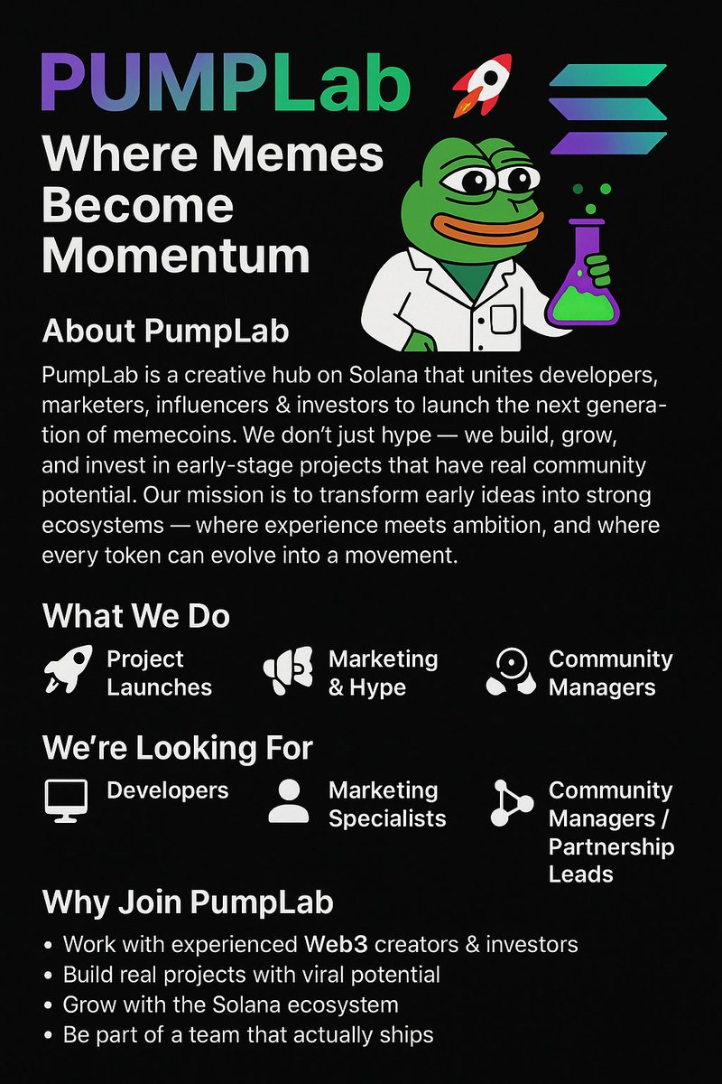 MARKPUMPLAB's tweet photo. 🧪PumpLab is expanding our Solana team.

🧪We’re hiring across Dev (no coding), Marketing, Community, and Crypto Support-paid in crypto, fast-growing environment.

📝If you want real Web3 opportunities — DM me.

#web3 #pumpLab #cryptoJob #solana #cryptoJobs #investing https://t.co/P5FH0MQ8uU