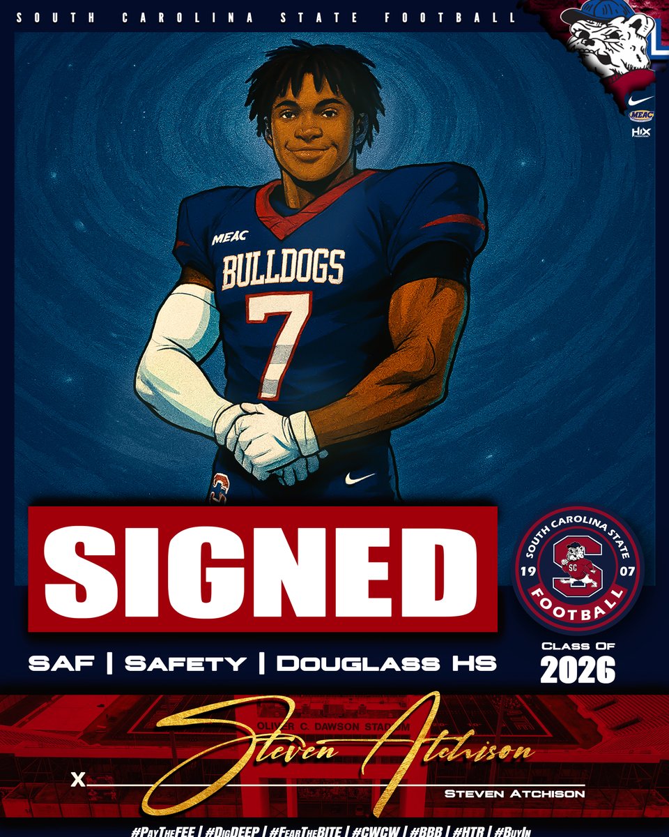SCState_Fb's tweet photo. #GoDogs 

One WORD……BULLDOG!!!!! This Charismatic Safety has every tool to become one of the best SC state DBs we’ve seen in recent years!!!!!!! Please Welcome, STEVEN ATCHISON @Steven_Atch 

@SCStateAthletic @MEACSports @coachberry77 
#PayTheFEE
#DigDEEP
#FearTheBITE
#CWCW
#BBB
#HTR
#BuyIn
🔴🔵🐶🏈