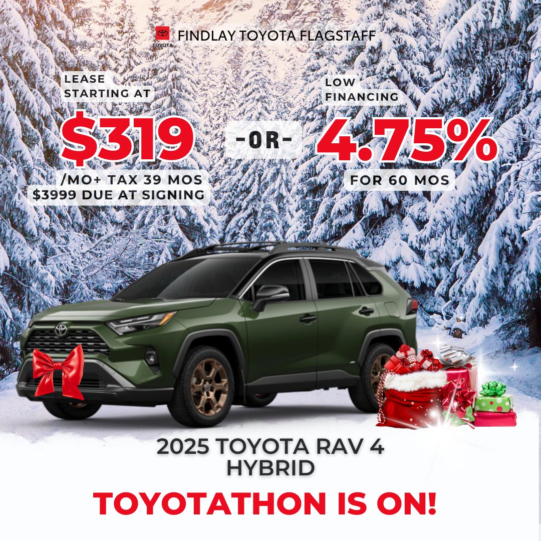 🎄 RAV4 Hybrid Holiday Joy Ride!
Looking for electric cheer this season? 🎁 Lease the 2025 RAV4 Hybrid for $319/mo for 39 mos w/ $3,999 due OR finance at 4.75% APR for 60 mos! 🌿🔋 Ends 1/5/26. #RAV4Hybrid #HolidayDrive #ToyotaJoy

Shop For Yours at 👉 p1.tt/4oDCnM9