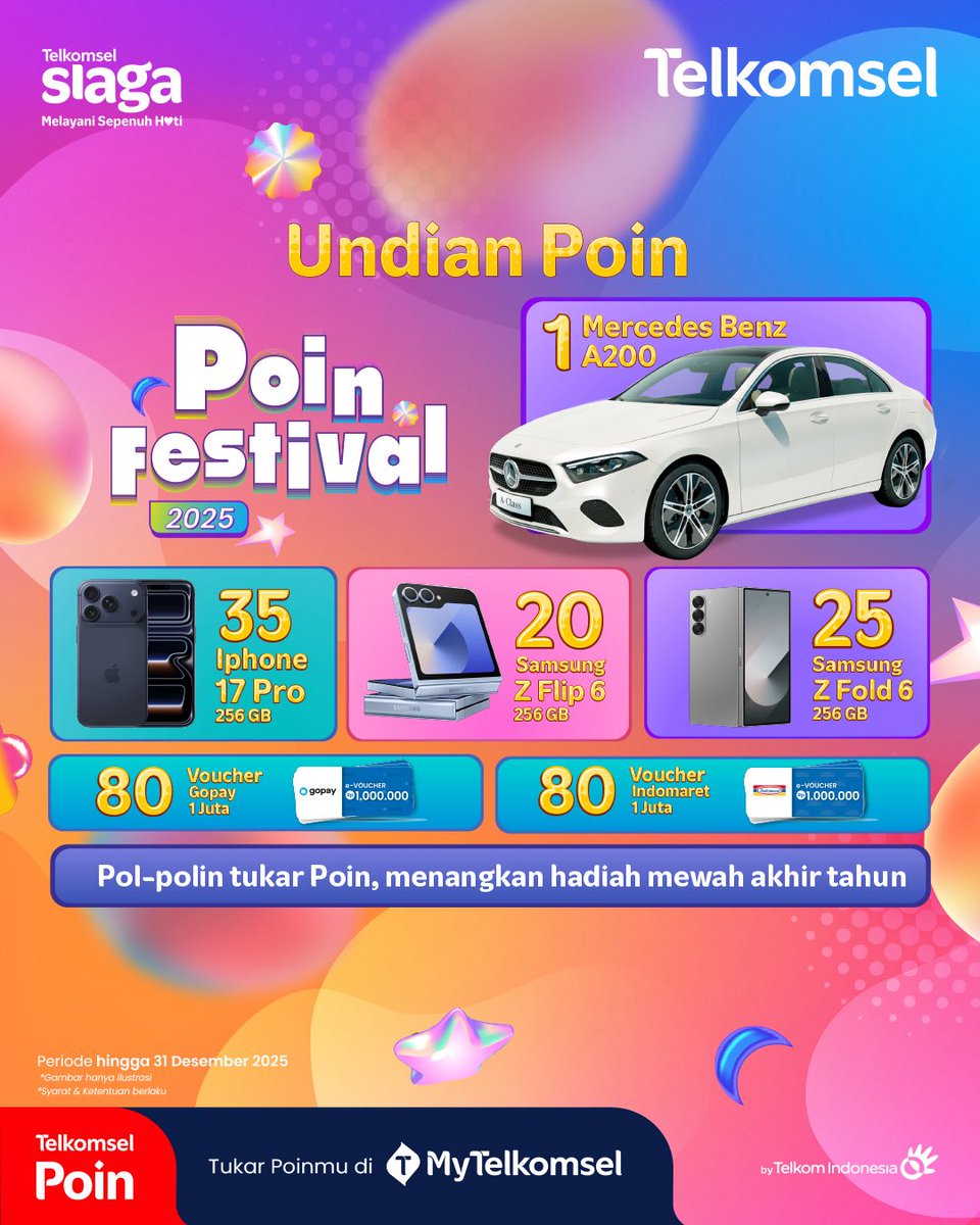 MyTelkomselApp's tweet photo. Akhir tahun senyam-senyum dengan hepi sekarung dari Telkomsel Poin! 🎉🔥

Ada banyak cara buat bawa pulang hadiah berlimpah:
1.⁠ ⁠Undian Poin Akhir Tahun 2025
Tukar Poin kamu dan menangkan hadiah yang pasti bikin Hepi: 
⭐ Mercedes-Benz A200
⭐ iPhone 17 Pro
⭐ Samsung Z Fold6 / Flip6
⭐ Voucher Indomaret & GoPay
Tuker makin banyak Poin, peluang menang makin besar!
Periode hingga 31 Desember 2025.

2.⁠ ⁠Parcel Hepi
Tukar 5.000 Poin dan ambil Parcel spesial langsung di GraPARI pilihan! Cocok buat bingkisan akhir tahun buat keluarga, sahabat, atau diri sendiri ✨

3.⁠ ⁠Poin Festival Bazaar
Hadir di beberapa kota!
Ada diskon kuliner, merchandise, sampai games berhadiah!
⚠ Ingat! Poin kamu hangus 31 Desember 2025 pukul 23.59 WIB.

Yuk #TukarPoinSekarang dan siap-siap panen hepi sekarung di akhir tahun! ✨
S&K berlaku.