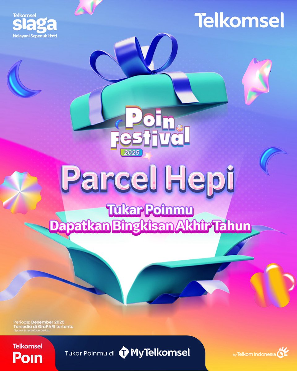 MyTelkomselApp's tweet photo. Akhir tahun senyam-senyum dengan hepi sekarung dari Telkomsel Poin! 🎉🔥

Ada banyak cara buat bawa pulang hadiah berlimpah:
1.⁠ ⁠Undian Poin Akhir Tahun 2025
Tukar Poin kamu dan menangkan hadiah yang pasti bikin Hepi: 
⭐ Mercedes-Benz A200
⭐ iPhone 17 Pro
⭐ Samsung Z Fold6 / Flip6
⭐ Voucher Indomaret & GoPay
Tuker makin banyak Poin, peluang menang makin besar!
Periode hingga 31 Desember 2025.

2.⁠ ⁠Parcel Hepi
Tukar 5.000 Poin dan ambil Parcel spesial langsung di GraPARI pilihan! Cocok buat bingkisan akhir tahun buat keluarga, sahabat, atau diri sendiri ✨

3.⁠ ⁠Poin Festival Bazaar
Hadir di beberapa kota!
Ada diskon kuliner, merchandise, sampai games berhadiah!
⚠ Ingat! Poin kamu hangus 31 Desember 2025 pukul 23.59 WIB.

Yuk #TukarPoinSekarang dan siap-siap panen hepi sekarung di akhir tahun! ✨
S&K berlaku.