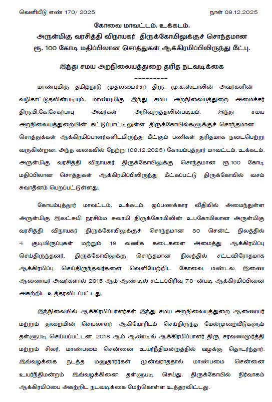 sunnewstamil's tweet image. #JustNow | கோவை: உக்கடம் அருள்மிகு வரசித்தி விநாயகர்  திருக்கோயிலுக்குச் சொந்தமான ரூ.100 கோடி மதிப்பிலான சொத்துகள் ஆக்கிரமிப்பிலிருந்து மீட்பு - அறநிலையத்துறை நடவடிக்கை

#SunNews | #TNHRCE | #Kovai | #TempleLand