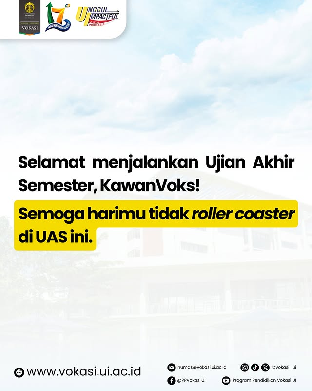 Semangat UAS, KawanVoks!
Gaskeun tanpa panik, selesaikan tanpa panik.💪💪

Good luck!

#VokasiUIHumanis #VokasiUI #UniversitasIndonesia