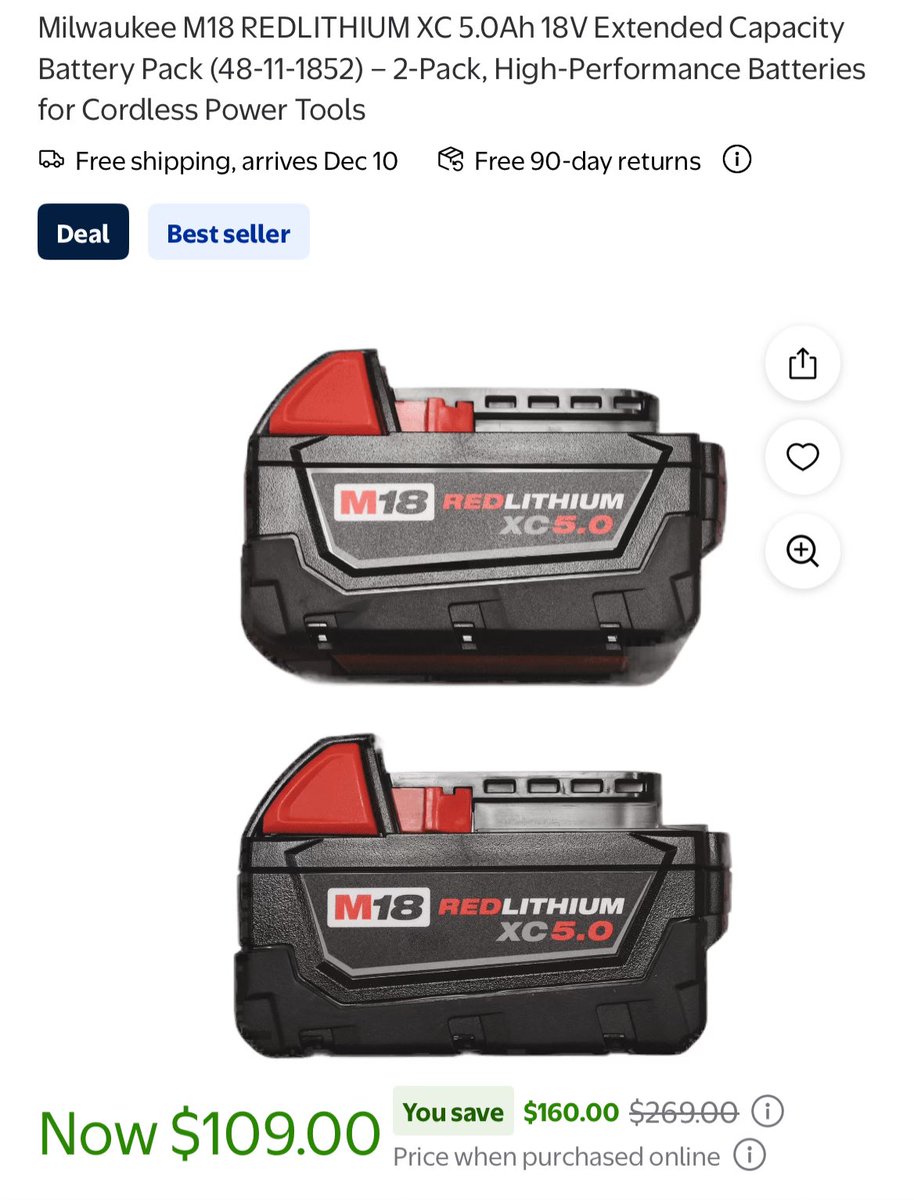 GlitchedDeals's tweet photo. $54 MILWAUKEE M18 5.0AH BATTERIES

Walmart has a 2 pack on clearance for $109

Home depot and Lowe’s has them for more than double the price!

https://t.co/Kpzk4FmCkW https://t.co/DD5UvvINt6