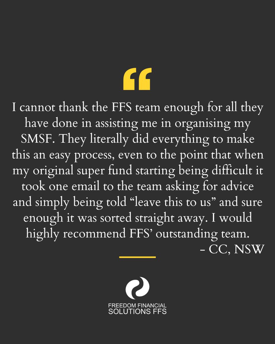 Freedom_FFS's tweet image. Client review from NSW: when their super fund made things difficult, one email to our team fixed it. Smooth SMSF setups and rollovers are what we do every day.

#smsf #super #selfmanagedsuper #australia #financialfreedom #wealthprotection #assetprotection