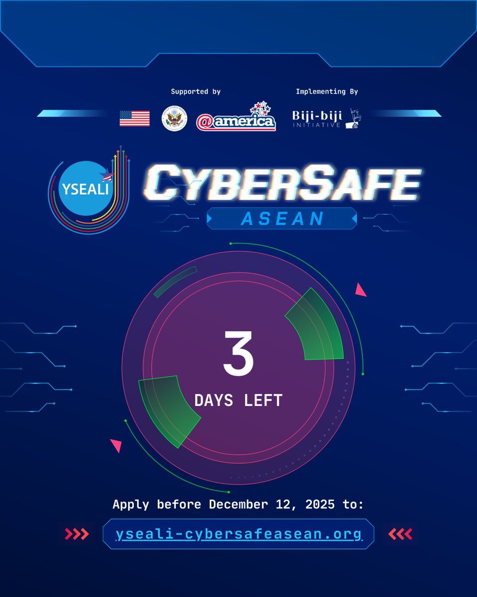 📝 3 Days Left— 📢 Applications are still OPEN!

Are you passionate about fighting cybercrime and preventing people from becoming victims of online scams?? 

The YSEALI CyberSafe ASEAN Regional Workshop is your chance to:
✅ Learn from U.S. experts.
✅ Collaborate with ASEAN