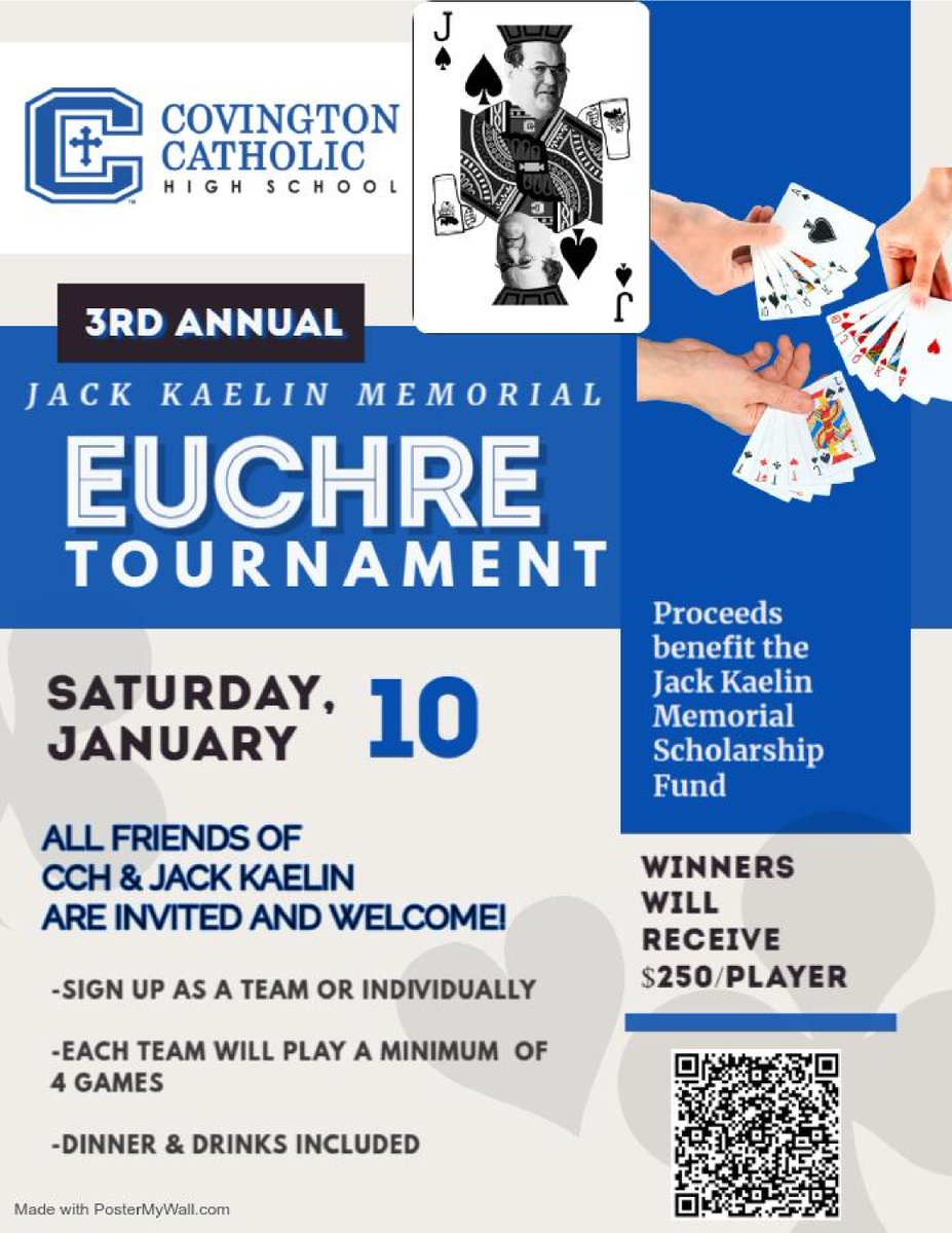 Registration is open for the 3rd Annual <a href="/CovCathColonels/">Cov Cath Colonels</a> Jack Kaelin Euchre Tournament on Jan 10th in the CCH. All proceeds benefit the Jack Kaelin Memorial Scholarship at Cov Cath.

Registration Link: host.nxt.blackbaud.com/registration-f…