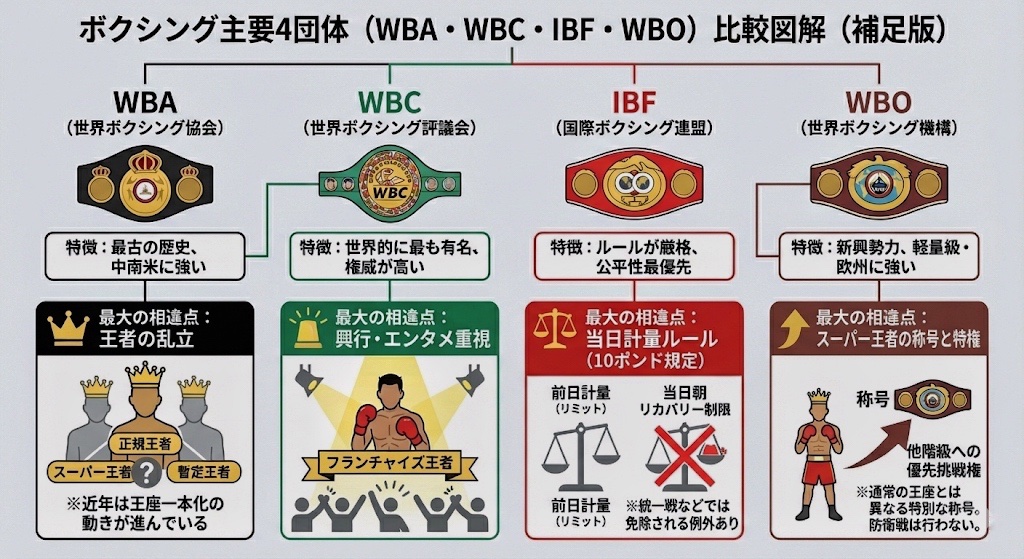 ボクシングのWBA、WBC、IBF、WBO。
「ニュースでよく聞くけど、結局なにが違うの？🤔」ってなりませんか？

実は、団体ごとに「性格」や「ルール」が全然違うんです！

それぞれの特徴と、最大の相違点をサクッと図解にまとめました。これを見ればスッキリ解決！観戦がもっと楽しくなるはず🥊✨