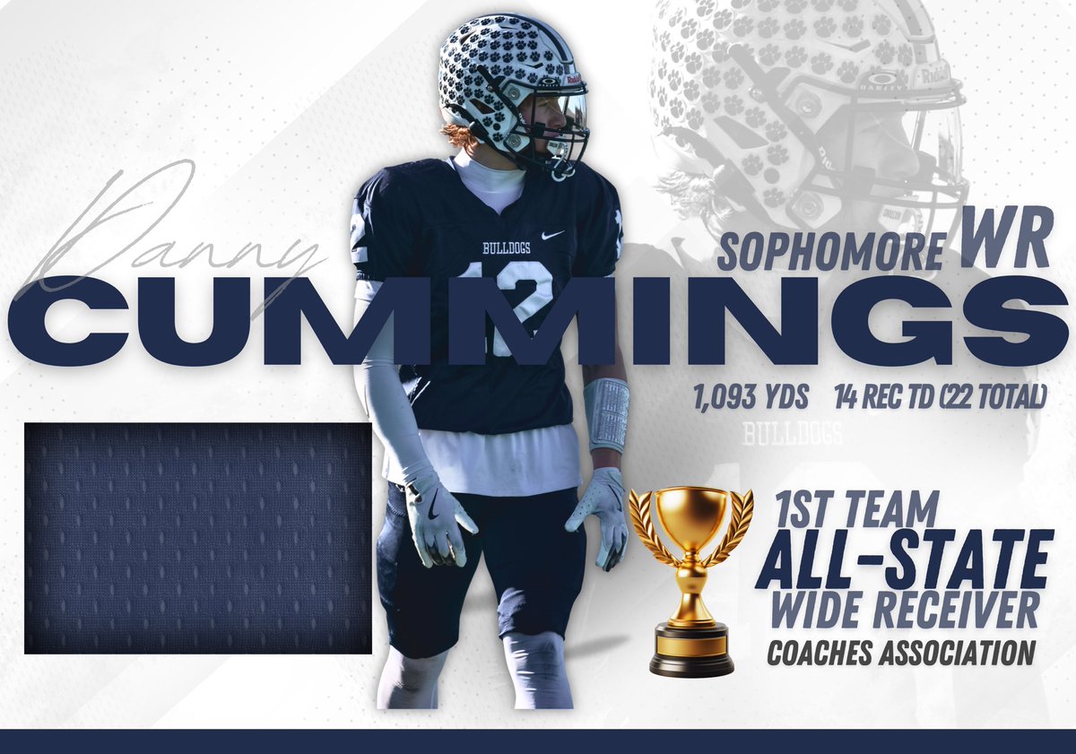 WPSBulldogsFB's tweet photo. 🏈🌟 Congrats to 2028 WR @DanielC0904 
1ST TEAM ALL-STATE (Coaches Association.)

Danny finished his Sophomore season with 1,093 Receiving yards, 14 Receiving TD, 2 Rushing TD, 3 Int Return TD, 1 Punt Return TD, 2 Kick Return TD🎉🏆

@wpsbulldogs https://t.co/GbF0wCyT04