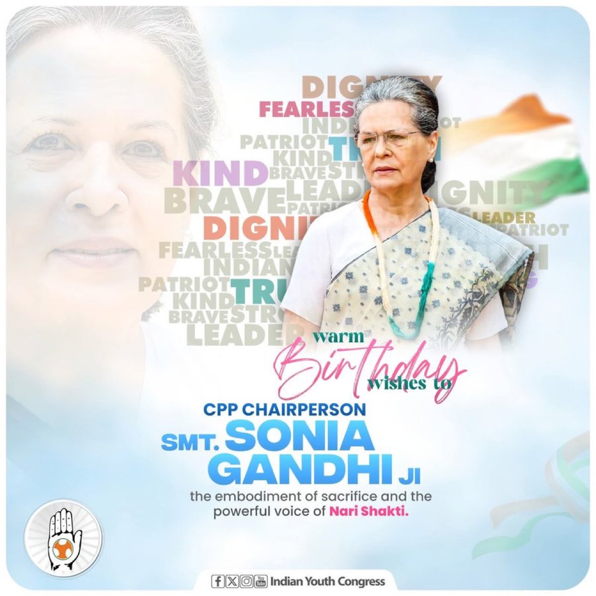 Warm birthday wishes to Smt. Sonia Gandhi Ji.
Her life exemplifies sacrifice, simplicity and unwavering resolve — inspiring millions.

Wishing her good health, long life and continued strength.

#SoniaGandhi ✨🇮🇳