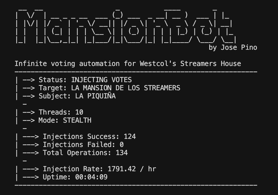 jofpin's tweet photo. He creado MansionBot, un bot que rompe el sistema de votación de La Casa de los Streamers. Genera votos infinitos y evade las restricciones del Captcha de RankedVote.

Código: https://t.co/FPs8e6kD2d

Solo ejecutas el script: node mansionbot.js  "Nombre del Participante" https://t.co/LJmrFJNoFo