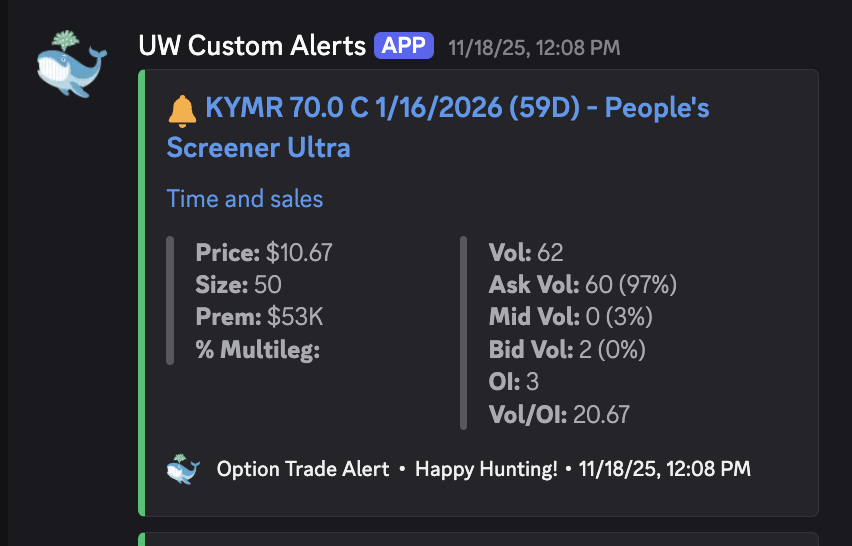$kYMR is up 41% today to 94- here is the automatic alert using our <a href="/unusual_whales/">unusual_whales</a> filters from November 18th when it was trading at 60

Link in bio.