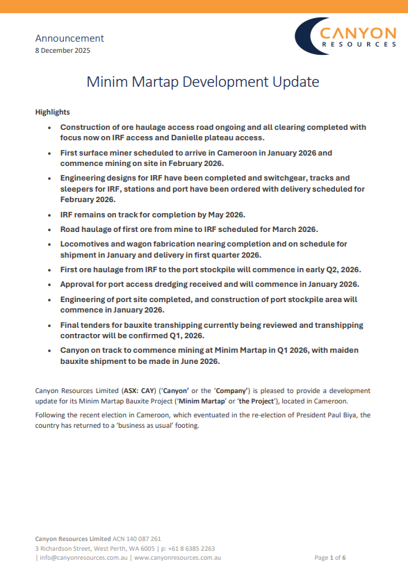$CAY has provided an update on Minim Martap outlining continued productivity. First shipment of #bauxite ore remains on track and infrastructure upgrades, road development and port access improvements continue to facilitate the Company’s strategy. 

bit.ly/4a3FKZc