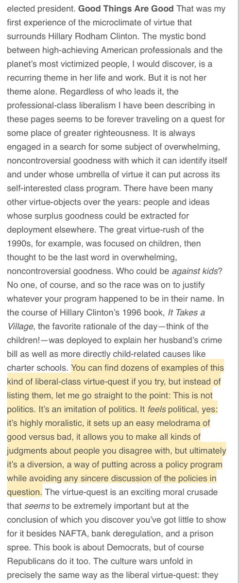 <a href="/drghadasasa/">Dr. Ghada Sasa, PhD 🇵🇸</a> Clinton was the queen of “virtue offsets,” described by Thomas Frank in Listen Liberal - below. Basically do extremely nasty stuff (crime bill, incarceration for profit, knock over Libya) and whitewash by surrounding yourself with “holy” and “pure” people - Bongo, Malala, etc.