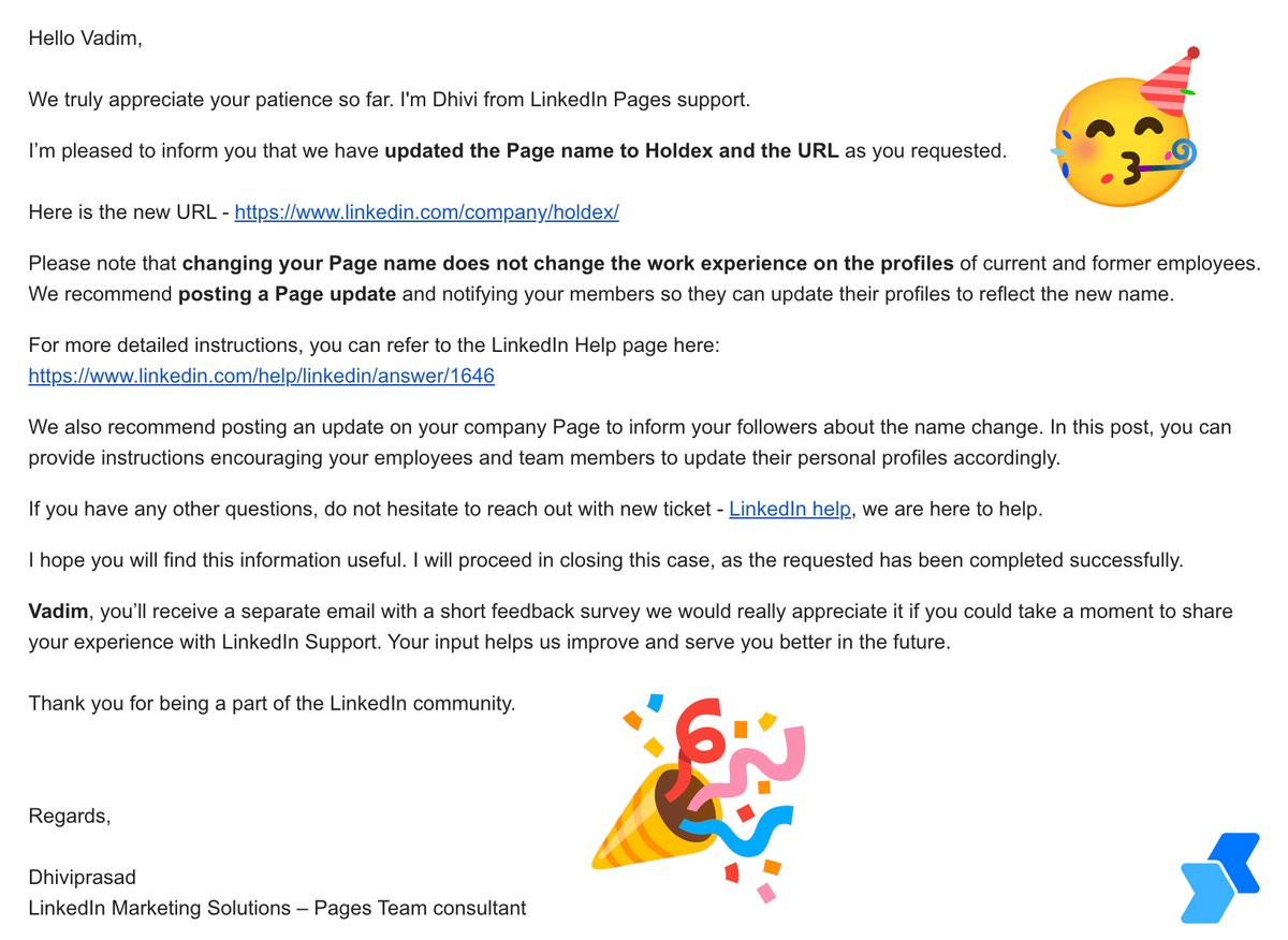 Just got the confirmation: our LinkedIn company page is now officially Holdex 🎉
linkedin.com/company/holdex

I was bracing for months of back-and-forth, but the process was surprisingly fast and smooth.

Huge thank you to Dhivi and the entire <a href="/LinkedInHelp/">LinkedIn Help</a> @LinkedInMktg team for