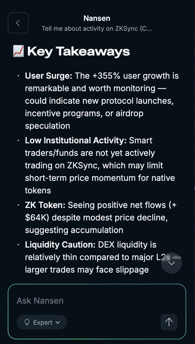 nansen_ai's tweet image. .@ZKsync is on a roll!

🚀 +355% in active users this week
🔧 +74% in txns
🤑 And $64k flowing into $ZK

Something's brewing on ZKSync