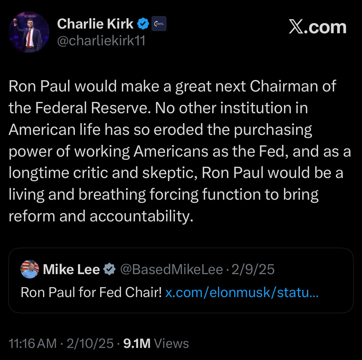 MLiamMcCollum's tweet image. There’s been a lot of debate about where Charlie Kirk’s mind was on issues before his death and where he wanted the conservative movement to go

One thing is sure, though: He endorsed @RonPaul for Federal Reserve Chairman