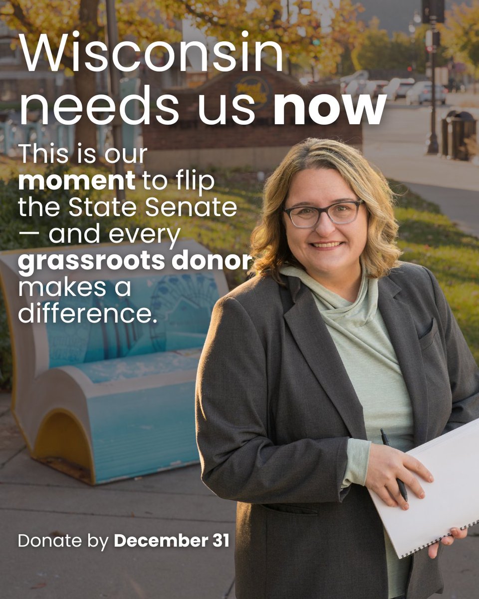 sarahharrisonwi's tweet image. Wisconsin’s State Senate is just two seats away from flipping — and District 5 is the most flippable.

Chip in before December 31 👇
secure.actblue.com/donate/sarah-s…

#Wisconsin #WIPolitics #BlueWave