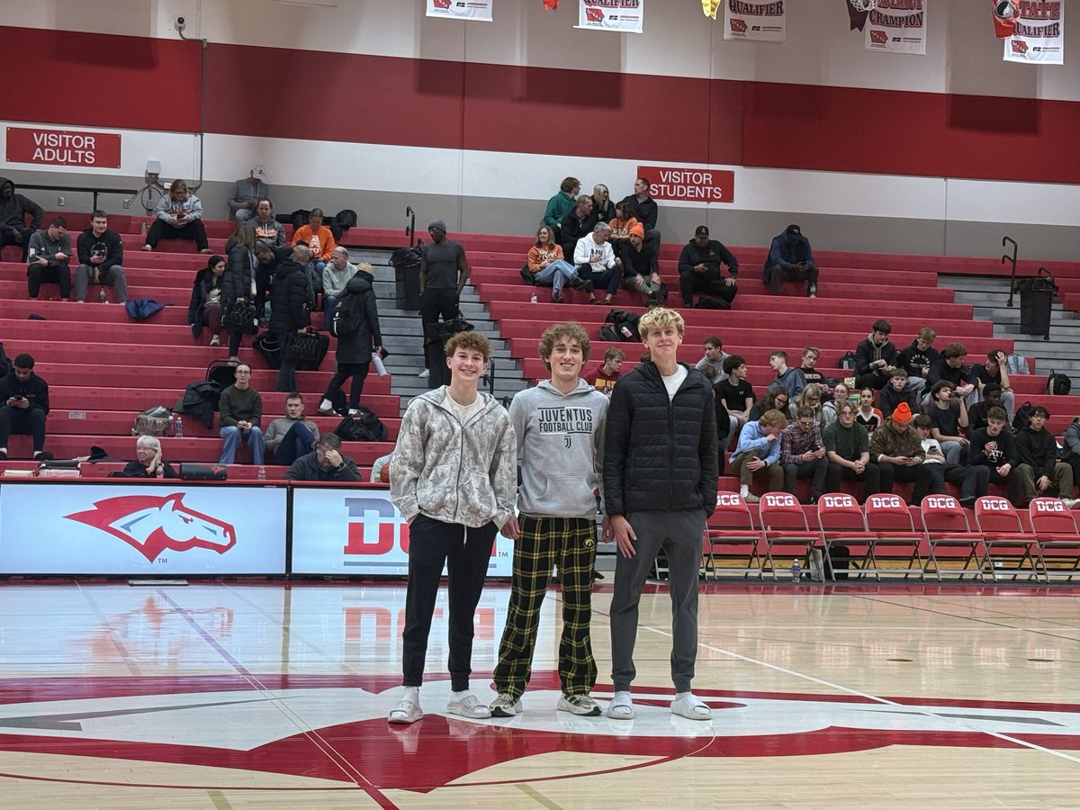DCGBoysXC's tweet image. Recognized these guys at tonight’s b’ball game. L-R:Graham Ibeling-2nd Team All-State w/20th place finish @ State (2nd fastest State time in school history). Cael Ramsey &amp;amp; Harper Gessmann: Academic All-State(seniors w/3.8GPA, ran @ State). Congrats, gentlemen. We’re proud of you!