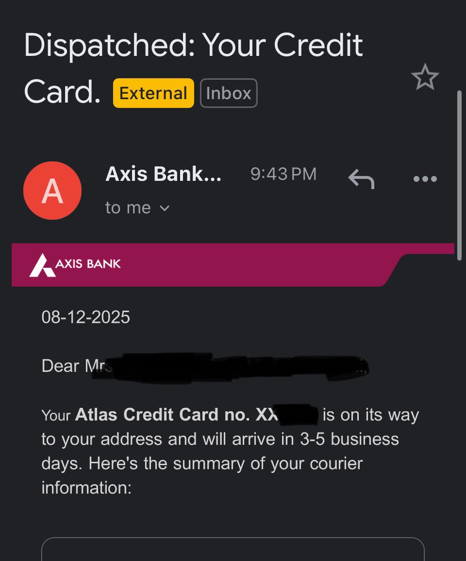 Axis atlas add-on card dispatched! 🥳

Time to double the miles earn 👌

#CCGeeks #AxisAtlas #CreditCards