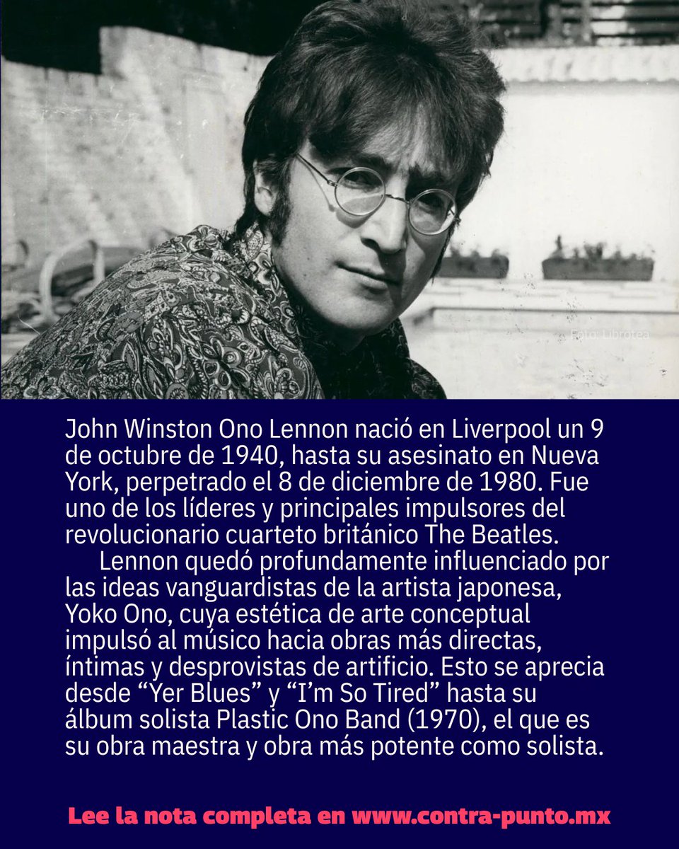 🎸✨ Hoy recordamos a John Lennon, voz cambiante del siglo XX y mente inquieta detrás de The Beatles, cuyo legado musical, artístico y político sigue marcando generaciones. Su obra como solista y sus proyectos con Yoko Ono continúan siendo faros culturales que resuenan más allá