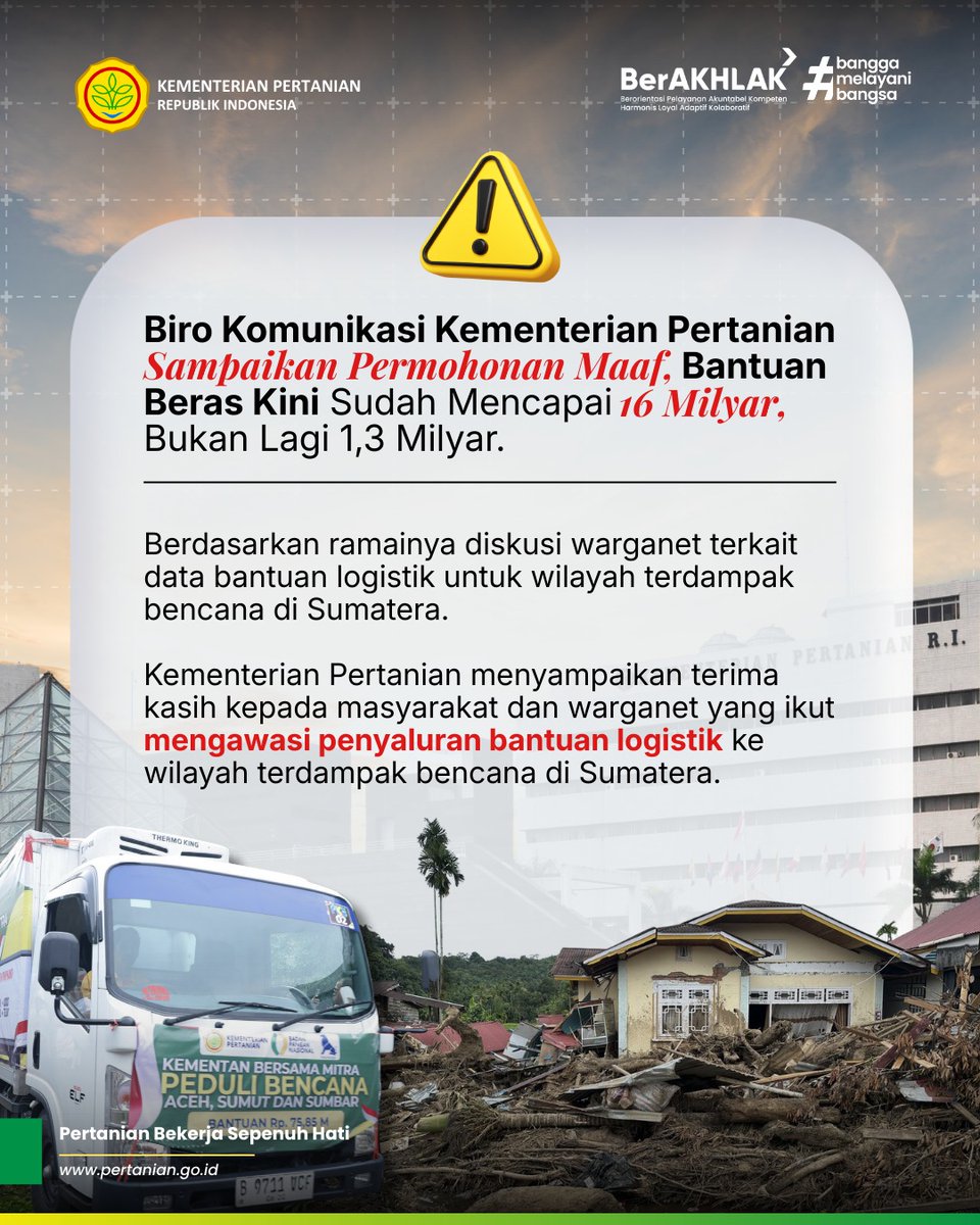 ppmkpciawi's tweet photo. Terima kasih atas perhatian publik. Kementan menyampaikan permohonan maaf atas kekeliruan penulisan satuan pada data bantuan beras yang sebelumnya beredar. Volume 21.874 yang tertulis merupakan jumlah paket, masing-masing berisi 5 kg, bukan harga atau volume per kilogram. https://t.co/wJCN7CXlOU