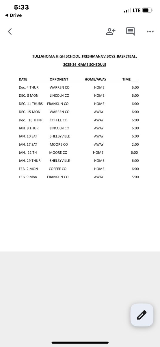 Tullahoma High School Boys Freshman Basketball Schedule 2025-2026