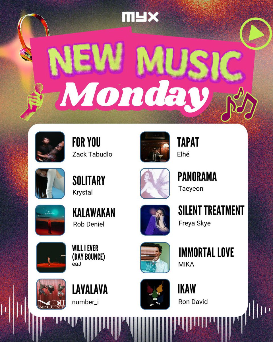 myxglobal's tweet image. Press play on something new today! Here’s this week’s #NewMusicMonday 🎧

For You by @zacktabudlo
Solitary by Krystal Jung
Kalawakan by @rob_deniel
will i ever (day bounce) by @eaJPark 
Lavalava by @number_i_offic
Tapat by Elhé
Panorama by @TAEYEONsmtown
Silent Treatment by Freya