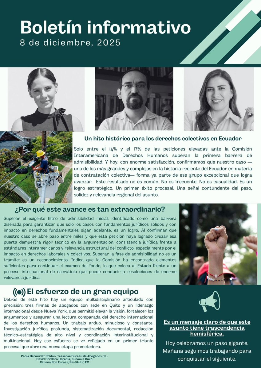 Compartimos una satisfacción profesional: la Comisión Interamericana de Derechos Humanos ha admitido a trámite una petición vinculada a un caso de contratación colectiva en el que tres estudios jurídicos hemos trabajado de manera articulada, estratégica y con absoluto rigor
