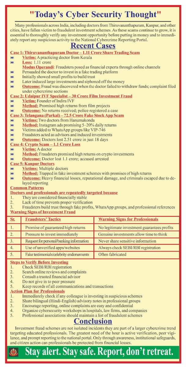 bthepolice's tweet image. 🚨 Doctors &amp;amp; professionals across India are losing crores to fake investment scams (#shares, #crypto, #films, #Apps ).  
⚠ Warning signs:  
• Guaranteed high returns  
• Pressure to invest fast  
• Fake apps/#WhatsApp  groups  
✅ Stay safe: Verify #SEBI/#RBI registration,