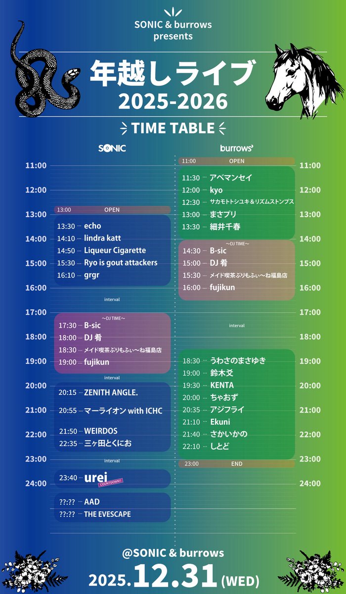 SONIC &amp; burrows 年越しライブ🎖
タイムテーブル解禁しました！！
grgrは16:10からSONICです🍒
何年かぶりにSONICで年越せるのめちゃくちゃ楽しみだし大好きバンド多くて絶対楽しい日になる！
ぜひ遊びにきてください！！！！