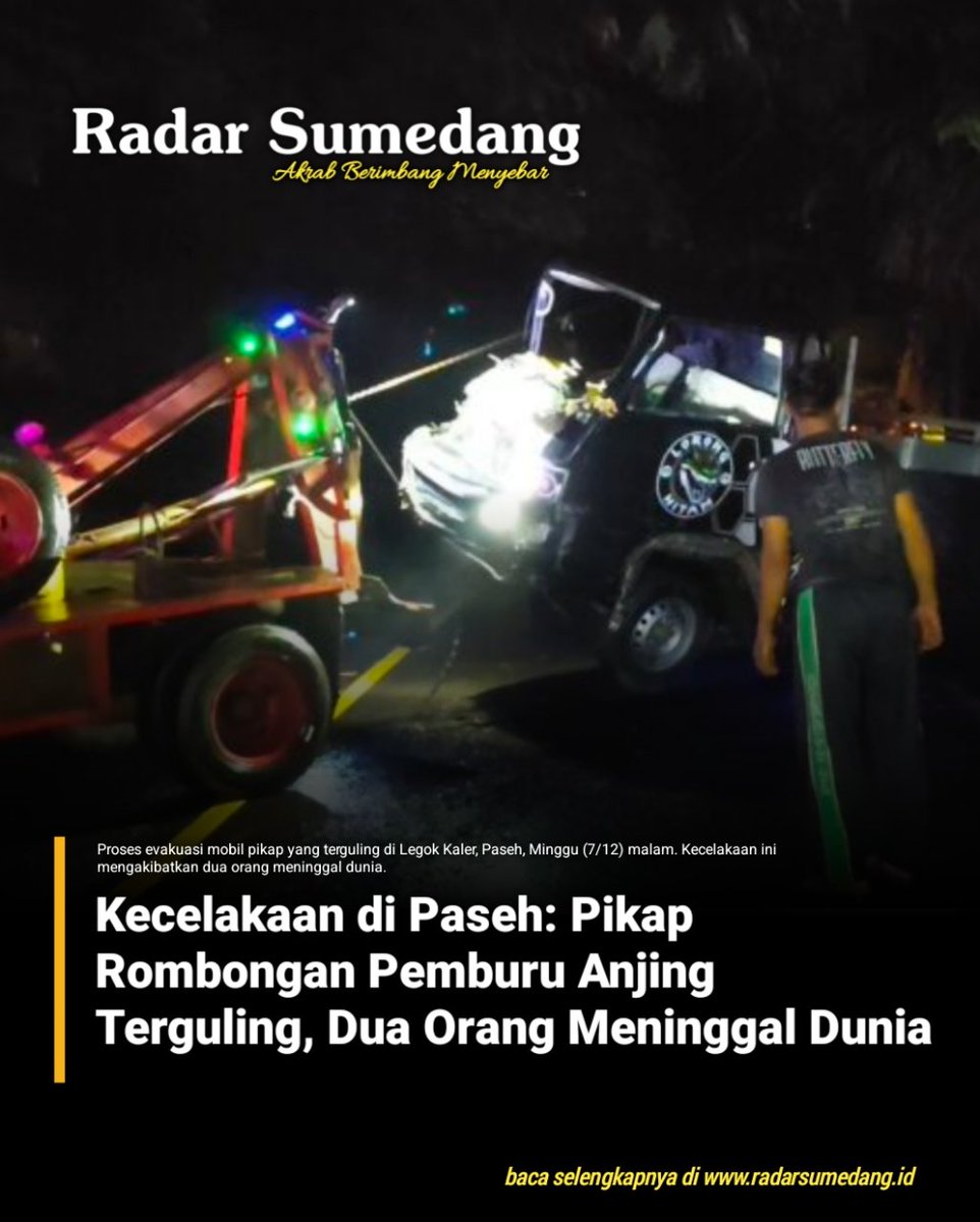 radarsumedangg's tweet photo. https://t.co/jvzfDqMzeE, PASEH – Sebuah mobil pikap yang mengangkut rombongan pecinta anjing pemburu mengalami kecelakaan di Jalan Raya Bandung–Cirebon, tepatnya di kawasan Cihaur, Desa Legok Kidul, Kecamatan Paseh, Minggu (7/12) sekitar pukul 16.46 WIB. Dua orang penumpang https://t.co/uyumCjlgfv