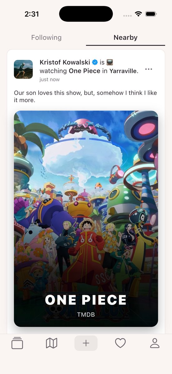 hyperdotlc's tweet photo. Sneak peak of the app.

We have a concept of Activities to enrich our check-ins. One such activity is Watching.

Shout out to the One Piece fans! https://t.co/ICw5ZItYwe