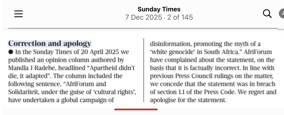 Sunday Times apology to AfriForum: This weekend, the <a href="/SundayTimesZA/">Sunday Times</a> became the eleventh media house that had to apologise for publishing lies about <a href="/afriforum/">AfriForum</a>.

The irony is that media houses such as <a href="/News24/">News24 🇿🇦</a>, <a href="/dailymaverick/">Daily Maverick</a>, <a href="/mailandguardian/">Mail & Guardian</a>, Sunday Times, <a href="/Newzroom405/">Newzroom Afrika</a>,