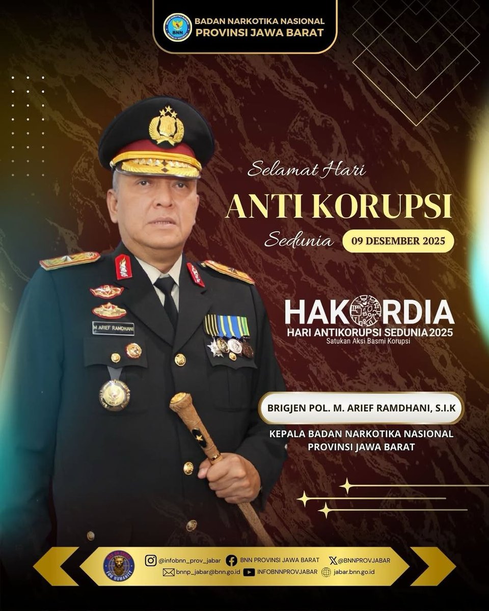 Kepala BNN Provinsi Jawa Barat beserta seluruh staf serta BNN Kabupaten/Kota jajaran mengucapkan

Selamat Memperingati Hari Anti Korupsi Sedunia (HAKORDIA) 9 Desember 2025.